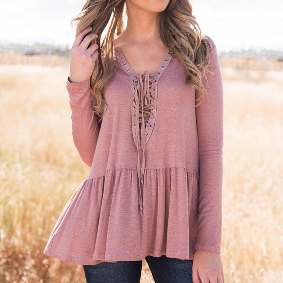 Long sleeve lace detailed Nanamacs mauve shirt. - Picture 1 of 7